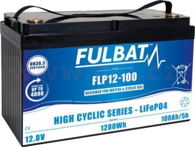 lithiová baterie  LiFePO4  FLP12-100  FULBAT 12,8V, 100Ah, 1280Wh, hmotnost 12,55 kg, 326x173x212